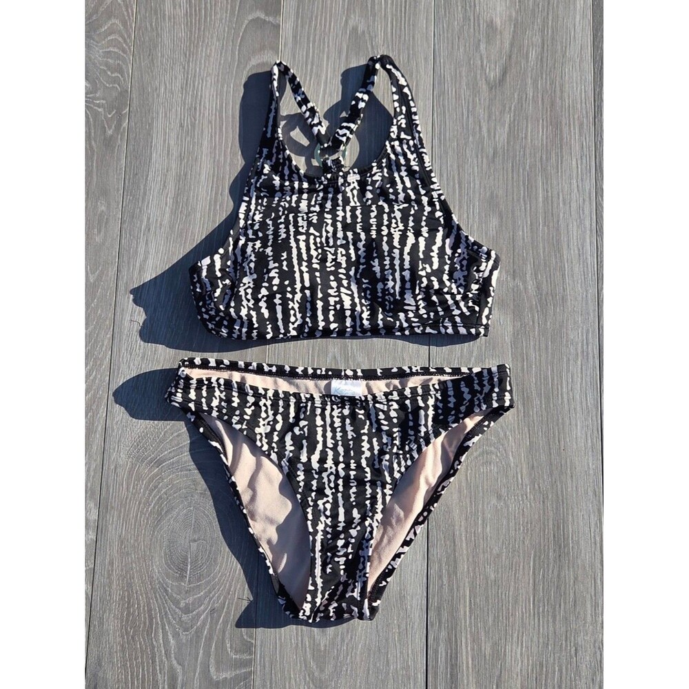 Kona Sol Black & White Patterned Bikini Set - Sport Crop Top & Briefs
